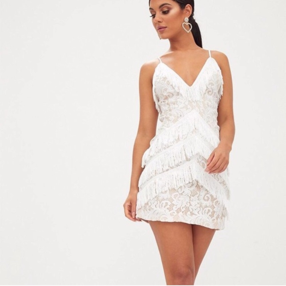 PrettyLittleThing Fringe Lace Mini Dress White 2